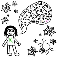 a drawing of a girl with a spider and speech bubbles